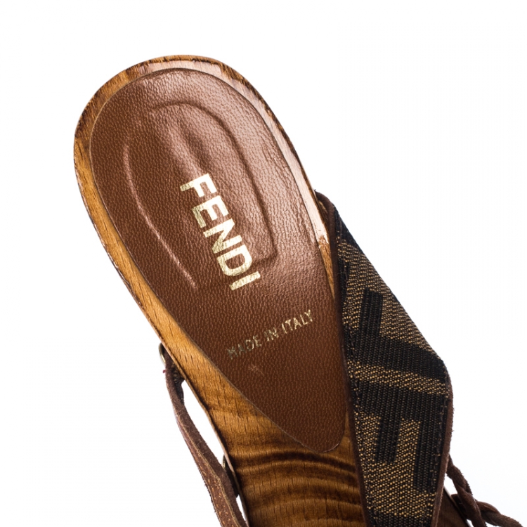 Pre Owned Fendi Brown Leather And Monogram Canvas Logo Strappy Sandals Size 39