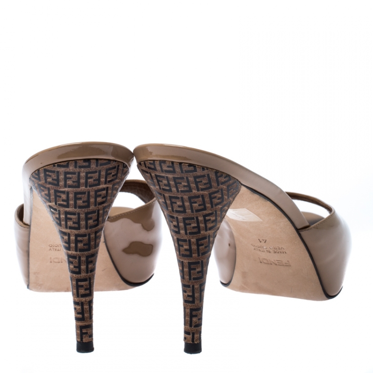 Pre Owned Fendi Beige Patent Leather Platform Peep Toe Pumps Size 41