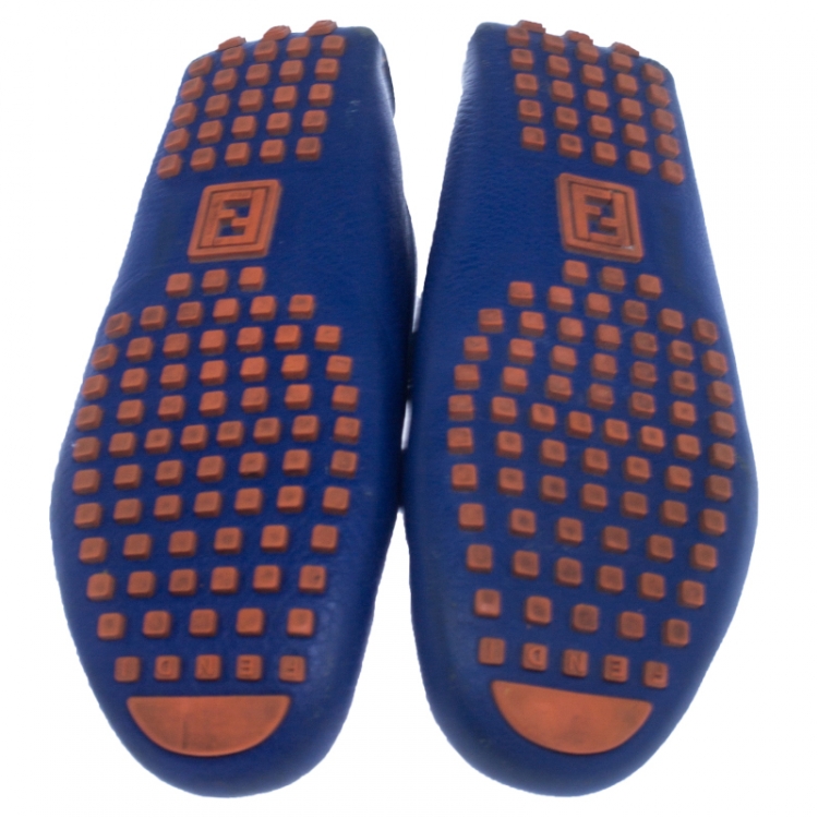 Pre Owned  Fendi Blue Leather Logo Slip On Loafers Size 38.5