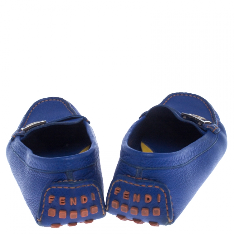 Pre Owned  Fendi Blue Leather Logo Slip On Loafers Size 38.5