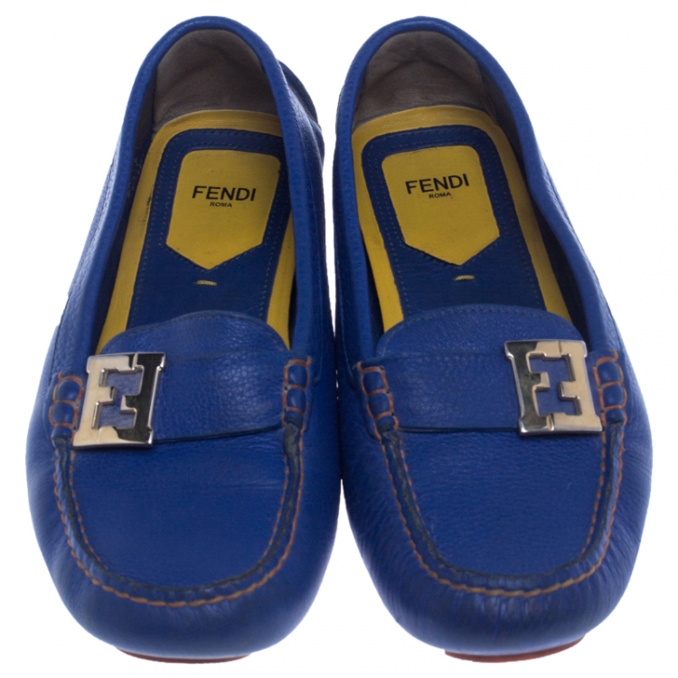Pre Owned  Fendi Blue Leather Logo Slip On Loafers Size 38.5