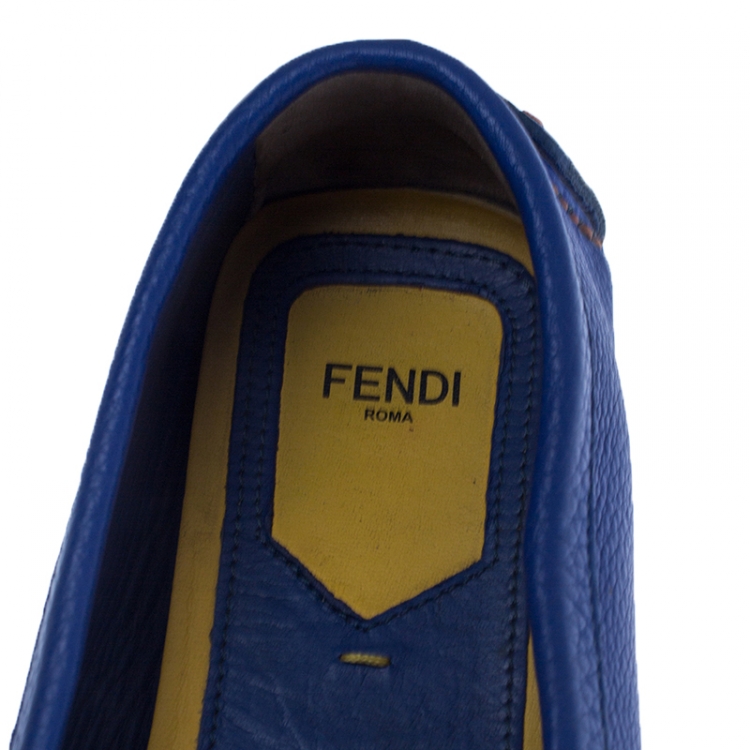 Pre Owned  Fendi Blue Leather Logo Slip On Loafers Size 38.5