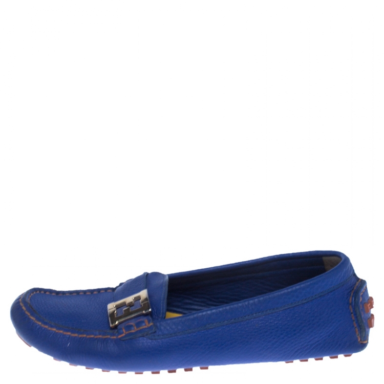 Pre Owned  Fendi Blue Leather Logo Slip On Loafers Size 38.5