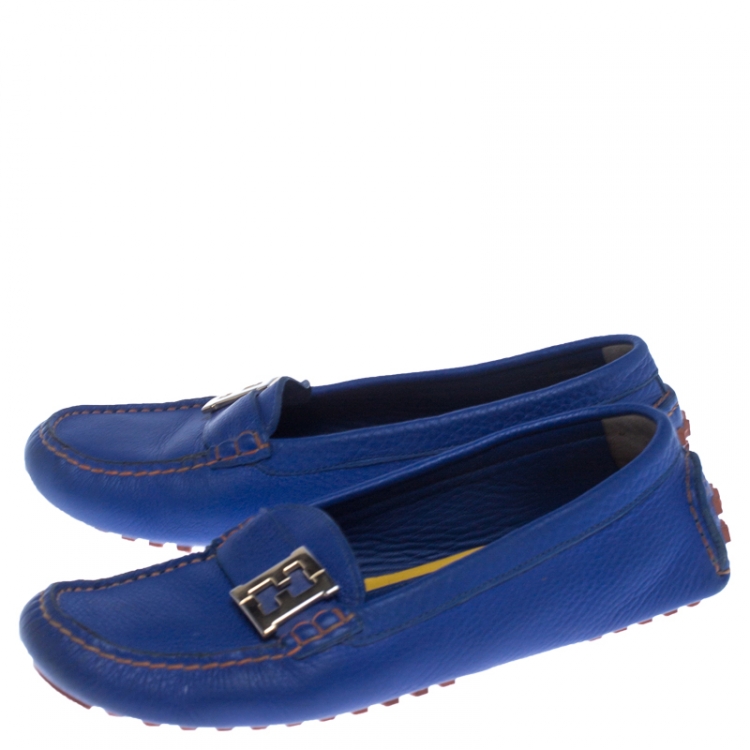Pre Owned  Fendi Blue Leather Logo Slip On Loafers Size 38.5