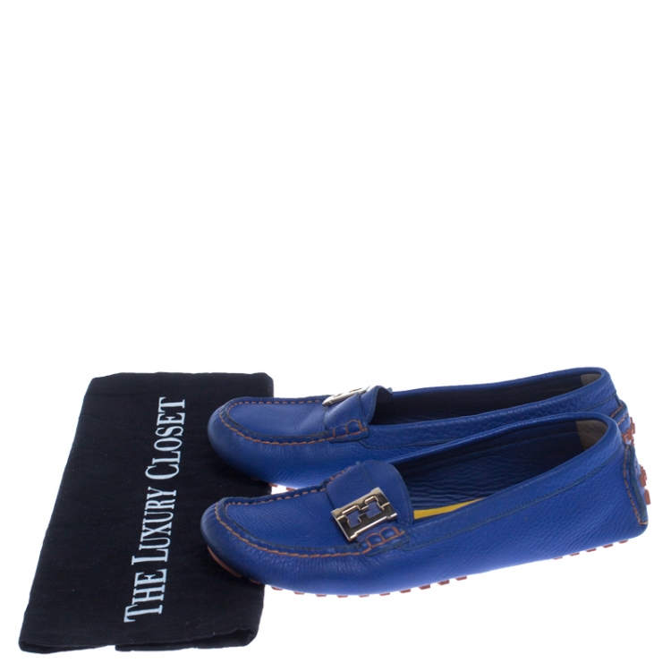 Pre Owned  Fendi Blue Leather Logo Slip On Loafers Size 38.5