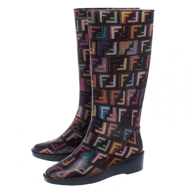 Pre Owned Fendi Mulitcolor Zucca PVC Rain Boots Size 40