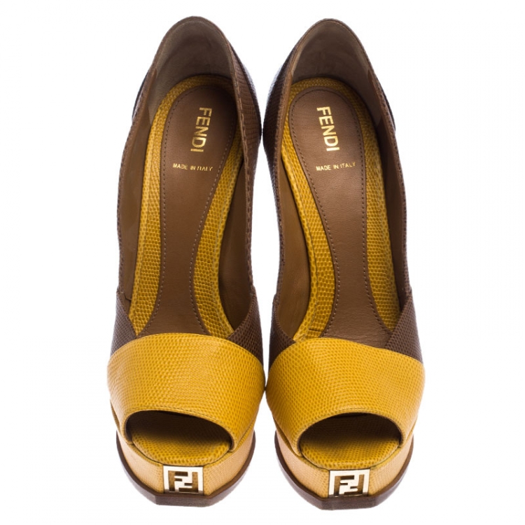 Pre Owned Fendi Two Tone Embossed Lizard Leather Fendista Peep Toe Platform Pumps Size 39