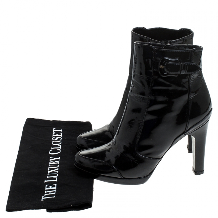 Pre Owned Fendi Black Patent Leather Zip Ankle Boots Size 38.5