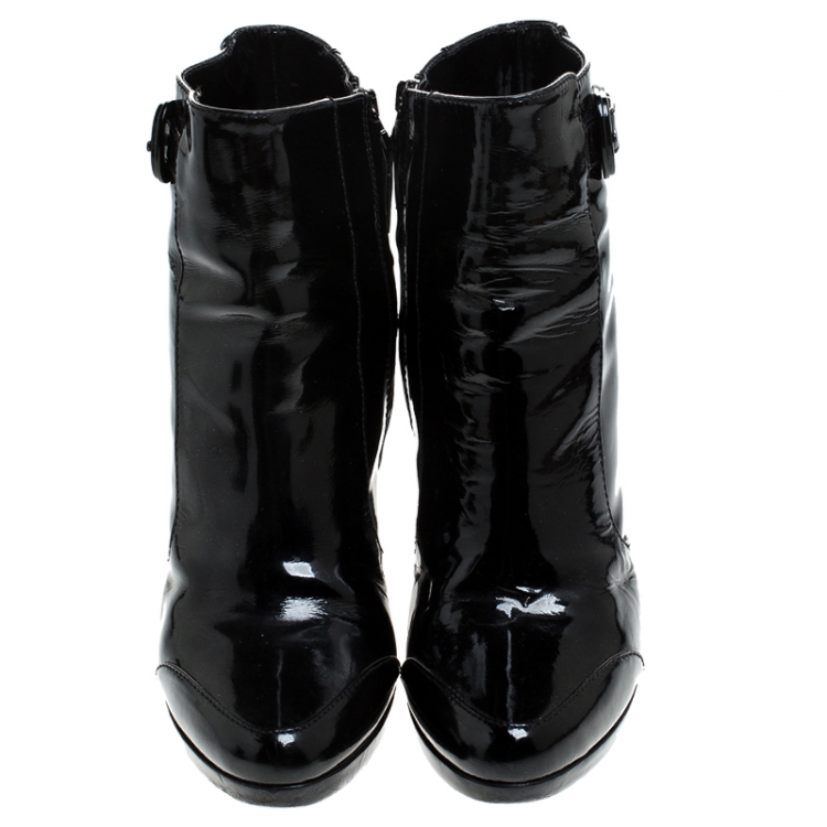 Pre Owned Fendi Black Patent Leather Zip Ankle Boots Size 38.5