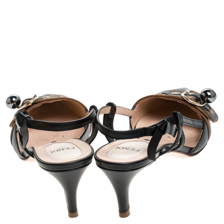 Pre Owned  Fendi Black/Brown Leather Buckle Strap Logo Slingback Pointed Pumps Size 37.5