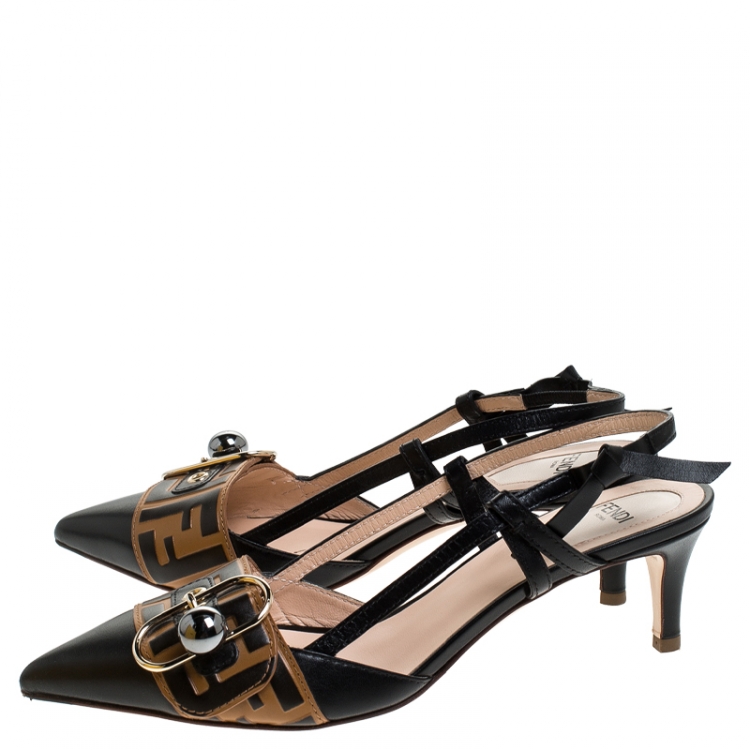Pre Owned  Fendi Black/Brown Leather Buckle Strap Logo Slingback Pointed Pumps Size 37.5