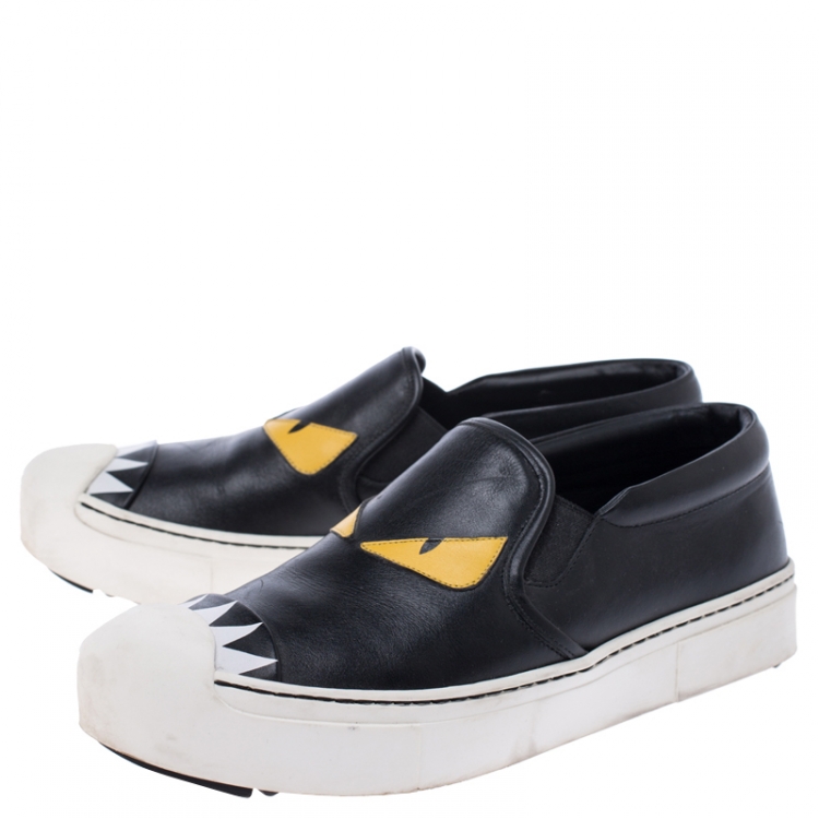 Pre Owned Fendi Black/Yellow Leather Monster Slip on Sneakers Size 37