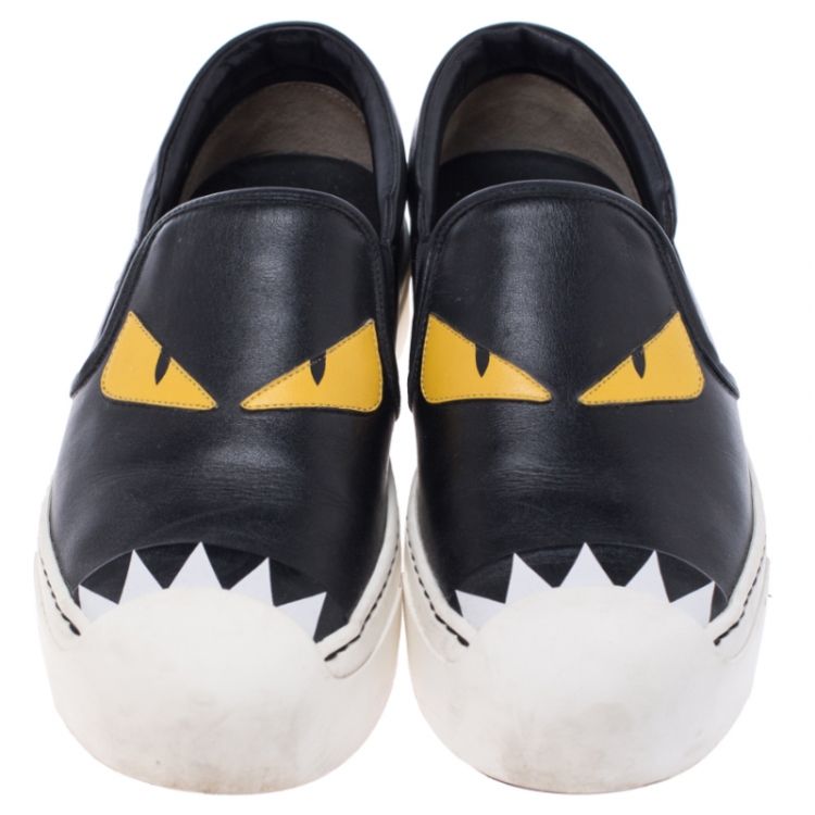 Pre Owned Fendi Black/Yellow Leather Monster Slip on Sneakers Size 37