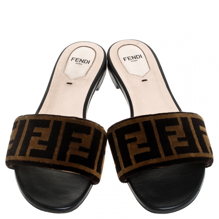 Pre Owned  Fendi Brown Logo Printed Velvet Flat Slides Size 38