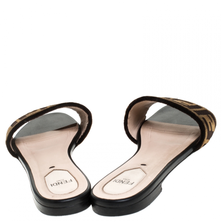 Pre Owned  Fendi Brown Logo Printed Velvet Flat Slides Size 38