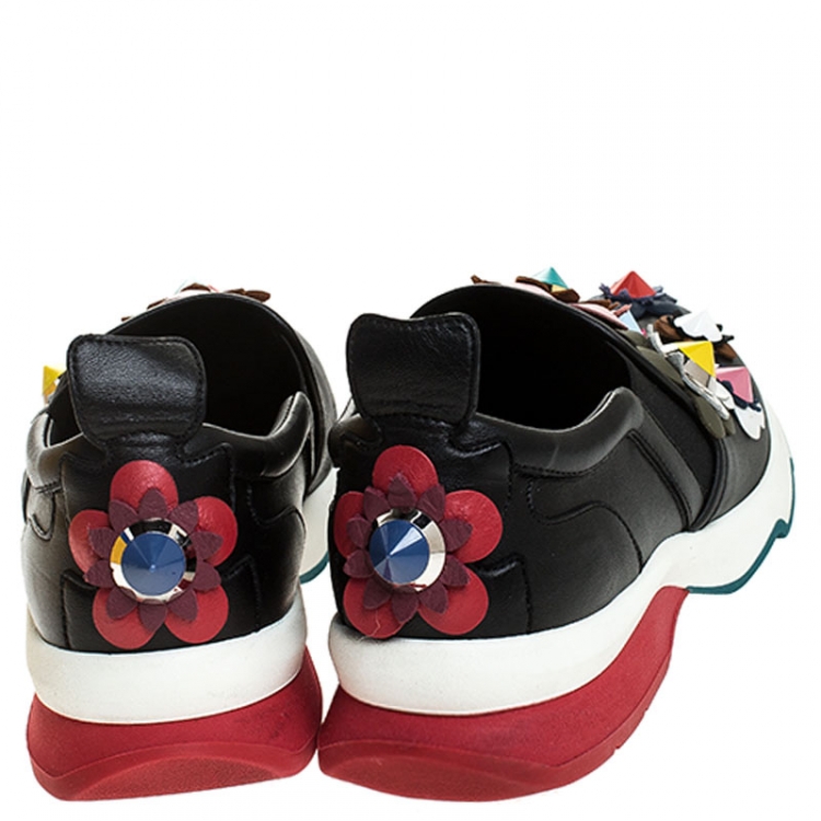 Pre Owned Fendi Black Leather Flowerland Slip On Sneakers Size 37