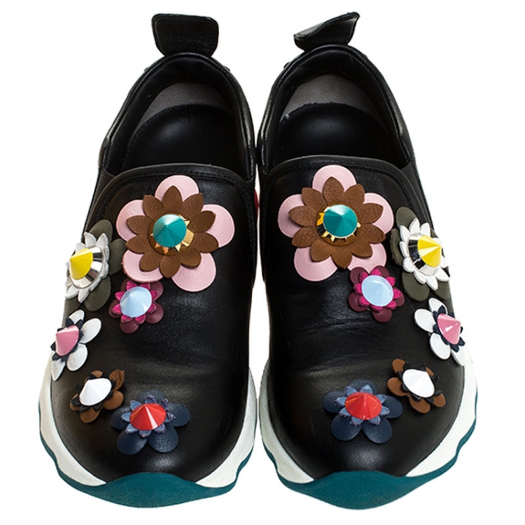 Pre Owned Fendi Black Leather Flowerland Slip On Sneakers Size 37