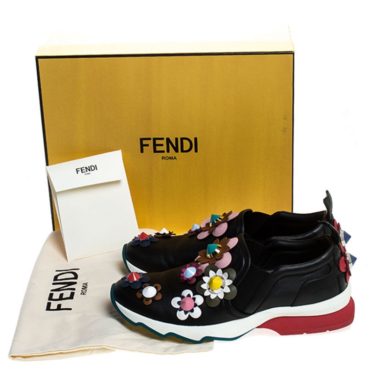Pre Owned Fendi Black Leather Flowerland Slip On Sneakers Size 37