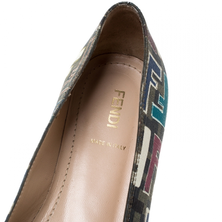Pre Owned Fendi Black Multicolor Zucca Canvas Spalmati Bow Ballet Flats Size 38.5