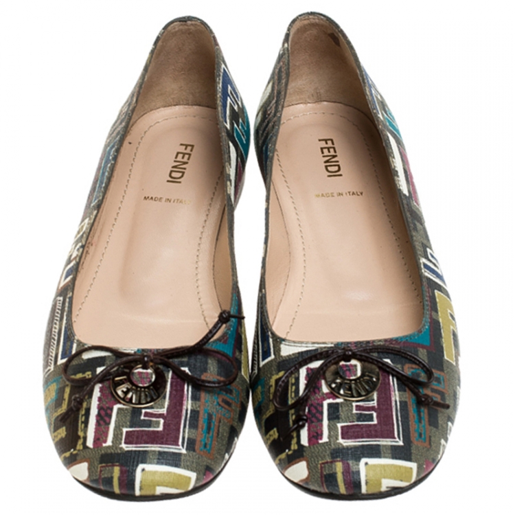 Pre Owned Fendi Black Multicolor Zucca Canvas Spalmati Bow Ballet Flats Size 38.5