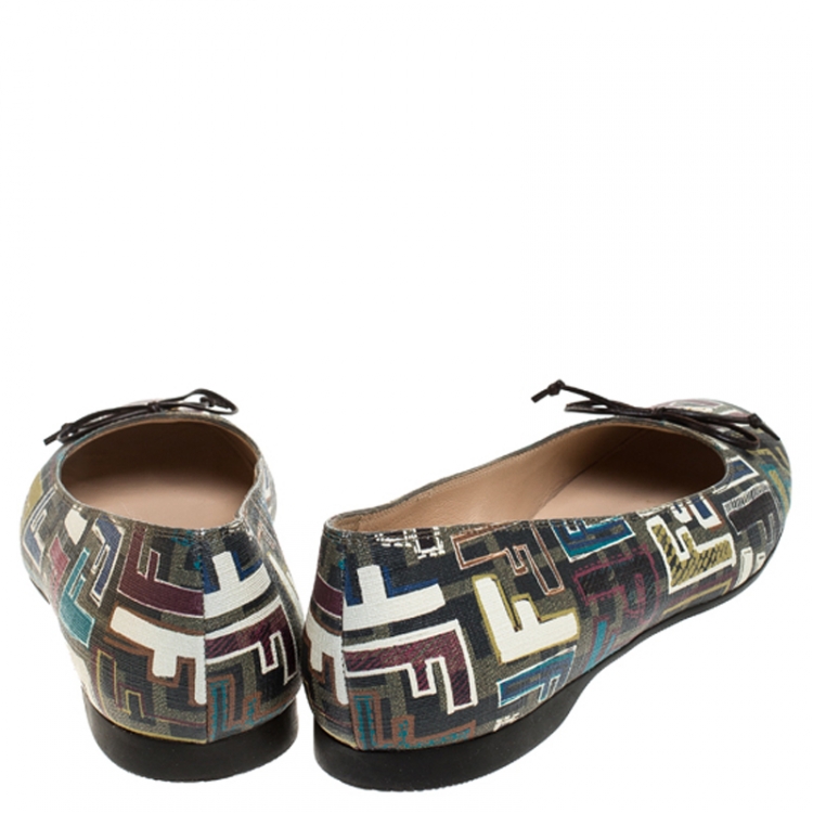 Pre Owned Fendi Black Multicolor Zucca Canvas Spalmati Bow Ballet Flats Size 38.5