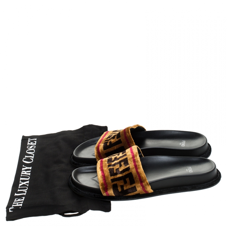 Pre Owned Fendi Brown FF Fur Slip On Slides Size 38