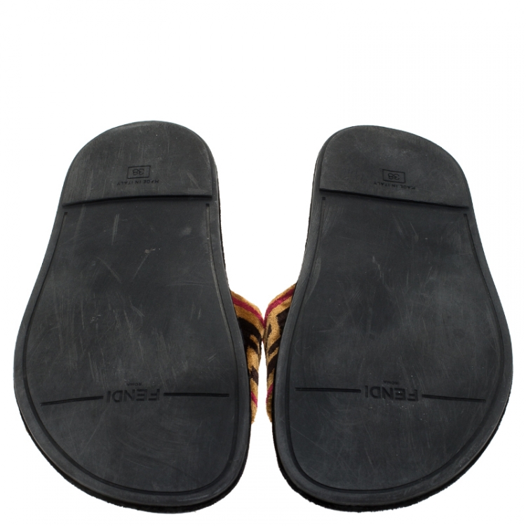 Pre Owned Fendi Brown FF Fur Slip On Slides Size 38