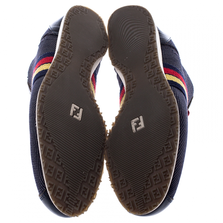Pre Owned  Fendi Blue Canvas And Leather Lace Up Low Top Sneakers Size 36.5