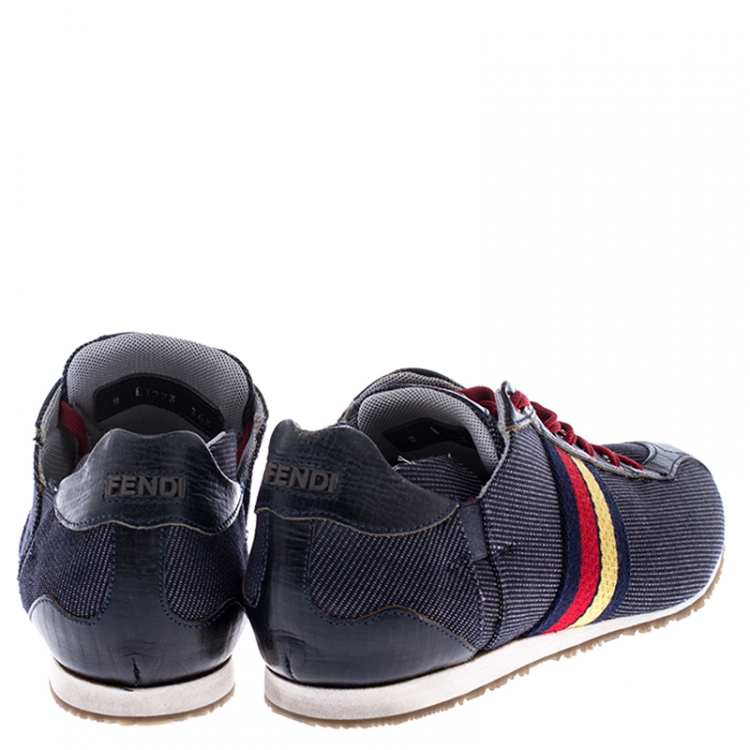 Pre Owned  Fendi Blue Canvas And Leather Lace Up Low Top Sneakers Size 36.5