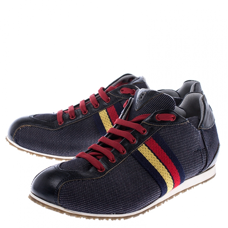 Pre Owned  Fendi Blue Canvas And Leather Lace Up Low Top Sneakers Size 36.5