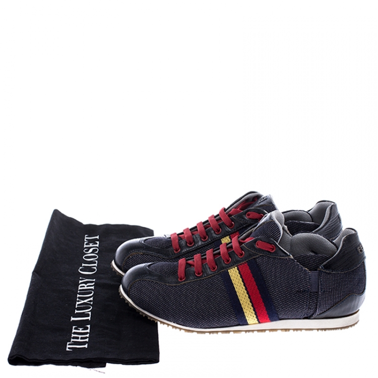 Pre Owned  Fendi Blue Canvas And Leather Lace Up Low Top Sneakers Size 36.5