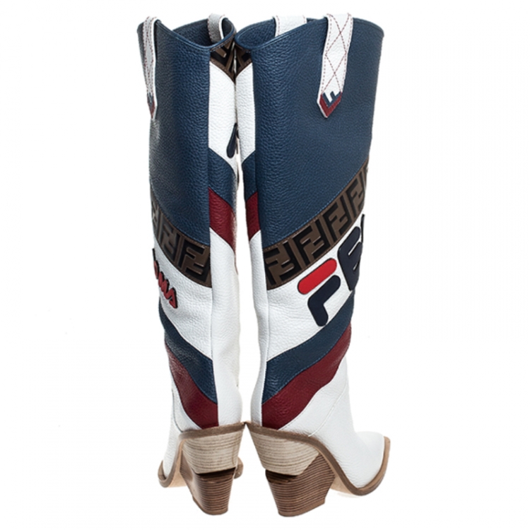 Pre Owned Fendi Multicolor Leather FF Monogram And Mania Logo Knee High Boots Size 38