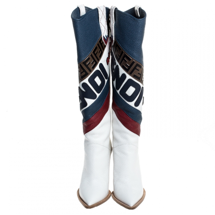 Pre Owned Fendi Multicolor Leather FF Monogram And Mania Logo Knee High Boots Size 38