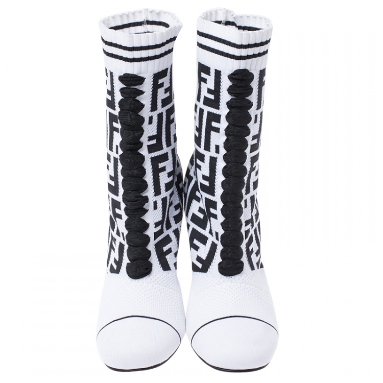 Pre Owned Fendi White/Black Zucca Stretch Knit Lace Ankle Boots Size 37.5