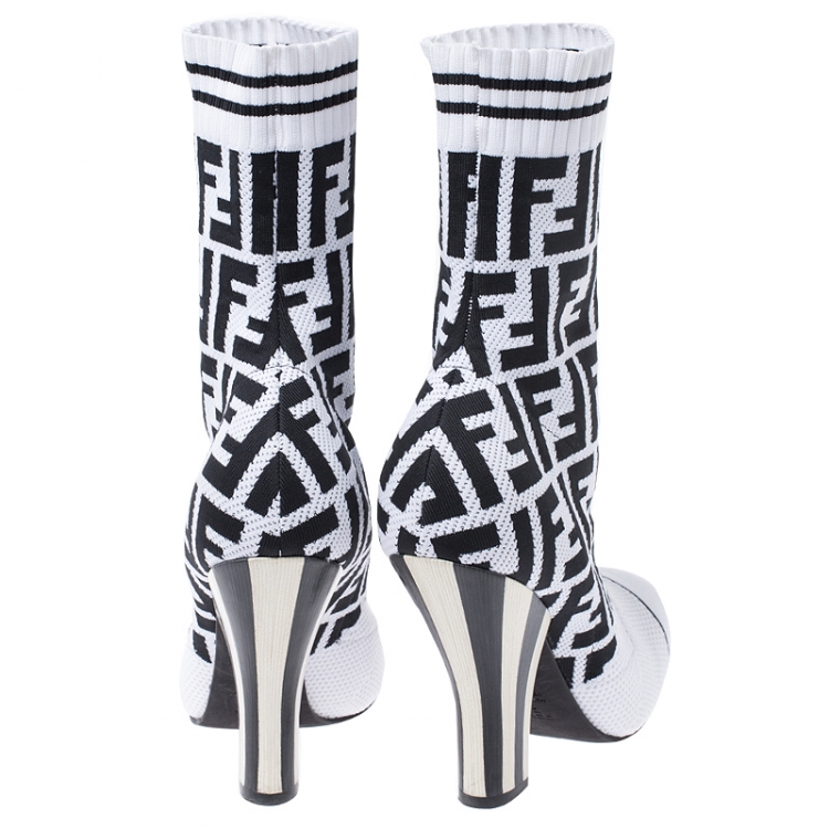 Pre Owned Fendi White/Black Zucca Stretch Knit Lace Ankle Boots Size 37.5