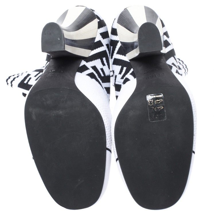 Pre Owned Fendi White/Black Zucca Stretch Knit Lace Ankle Boots Size 37.5