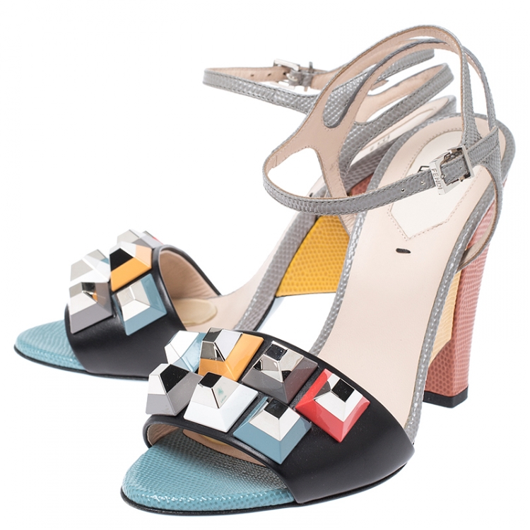 Pre Owned Fendi Multicolor Studded Lizard and Leather Fantazia Sandals Size 37