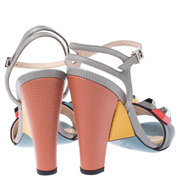 Pre Owned Fendi Multicolor Studded Lizard and Leather Fantazia Sandals Size 37