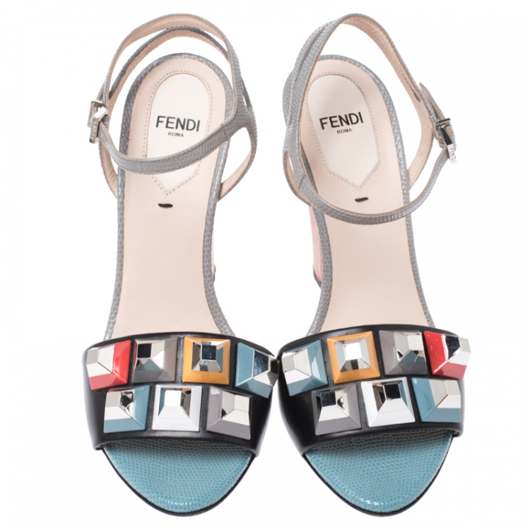 Pre Owned Fendi Multicolor Studded Lizard and Leather Fantazia Sandals Size 37