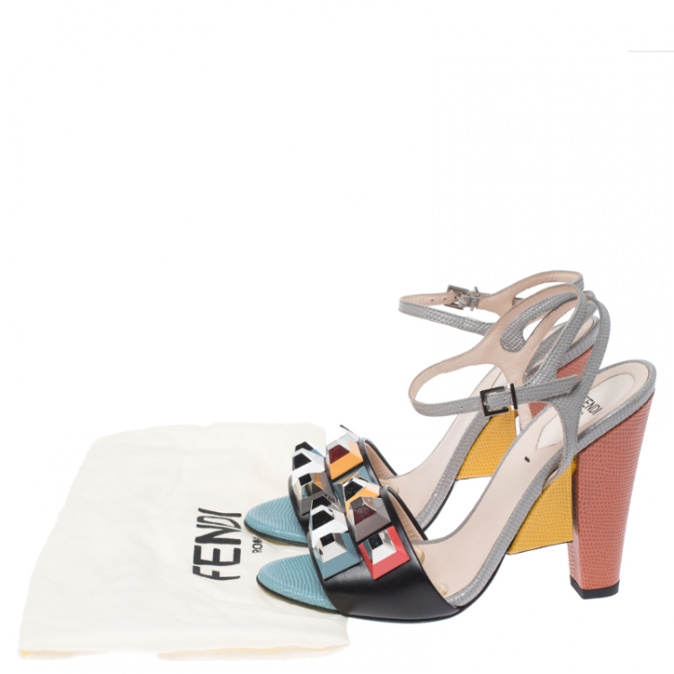 Pre Owned Fendi Multicolor Studded Lizard and Leather Fantazia Sandals Size 37