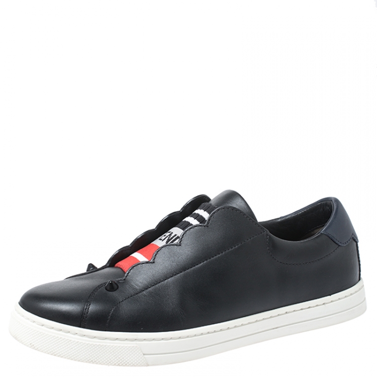 Pre Owned Fendi Black Logo Knit and Leather Rockoclick Slip On Sneakers Size 36