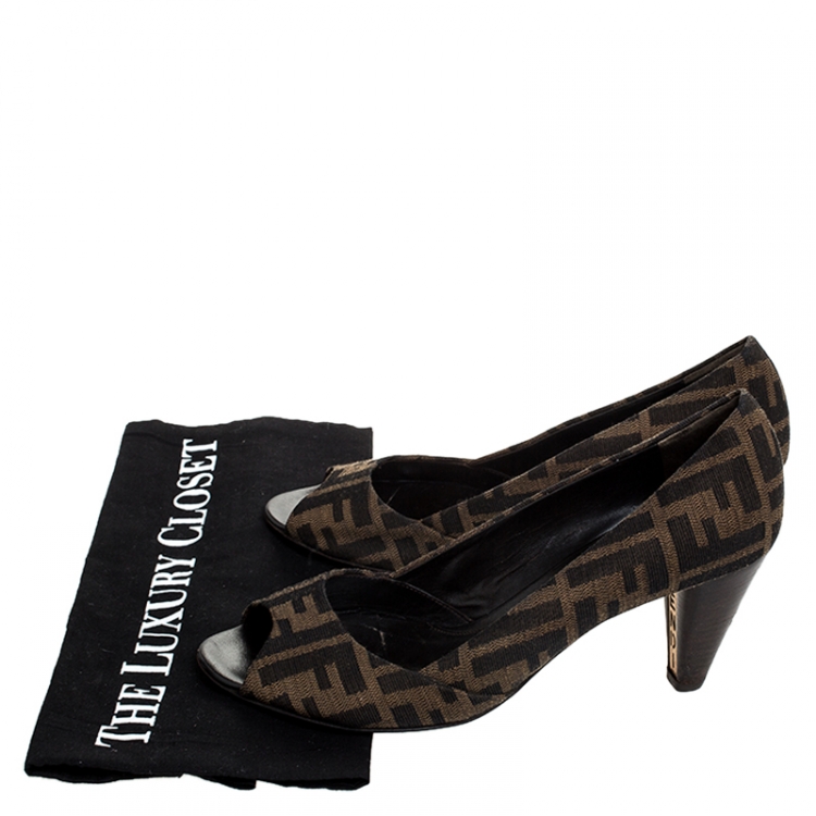 Pre Owned  Fendi Brown Zucca Canvas Peep Toe Pumps Size 38