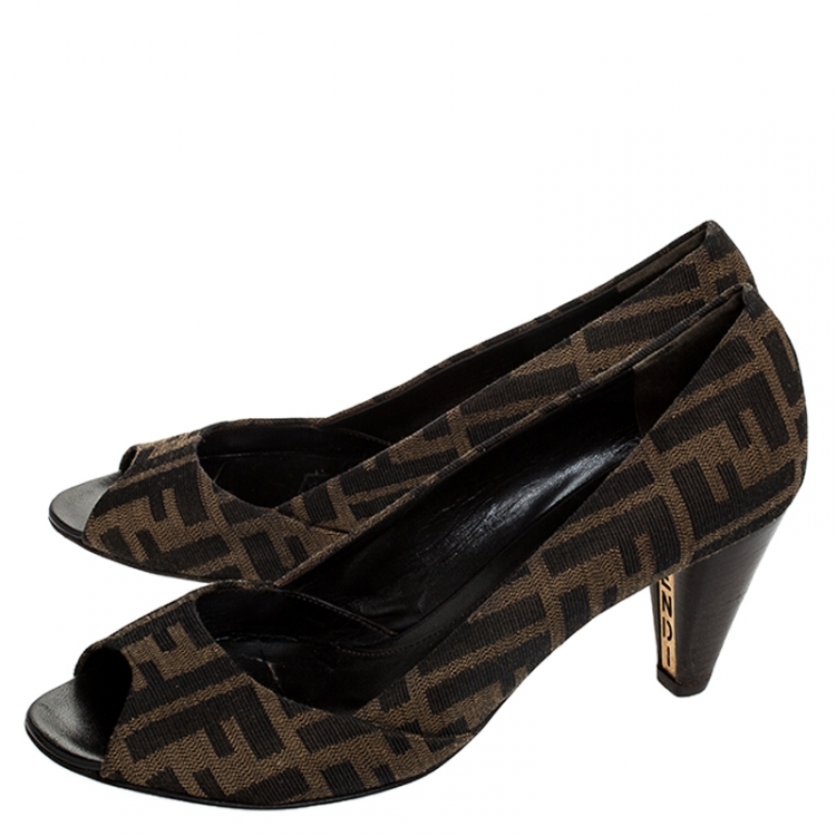 Pre Owned  Fendi Brown Zucca Canvas Peep Toe Pumps Size 38
