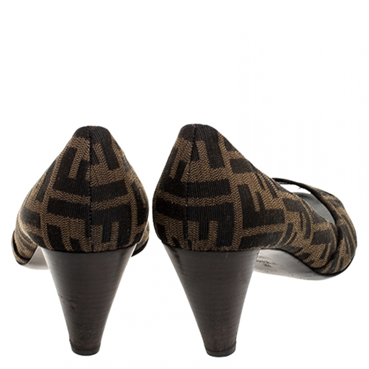 Pre Owned  Fendi Brown Zucca Canvas Peep Toe Pumps Size 38