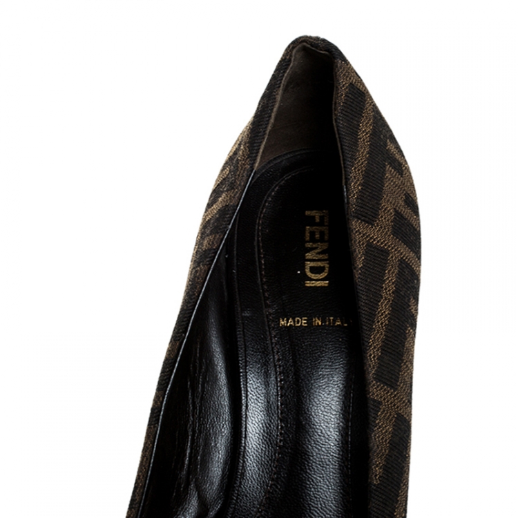 Pre Owned  Fendi Brown Zucca Canvas Peep Toe Pumps Size 38