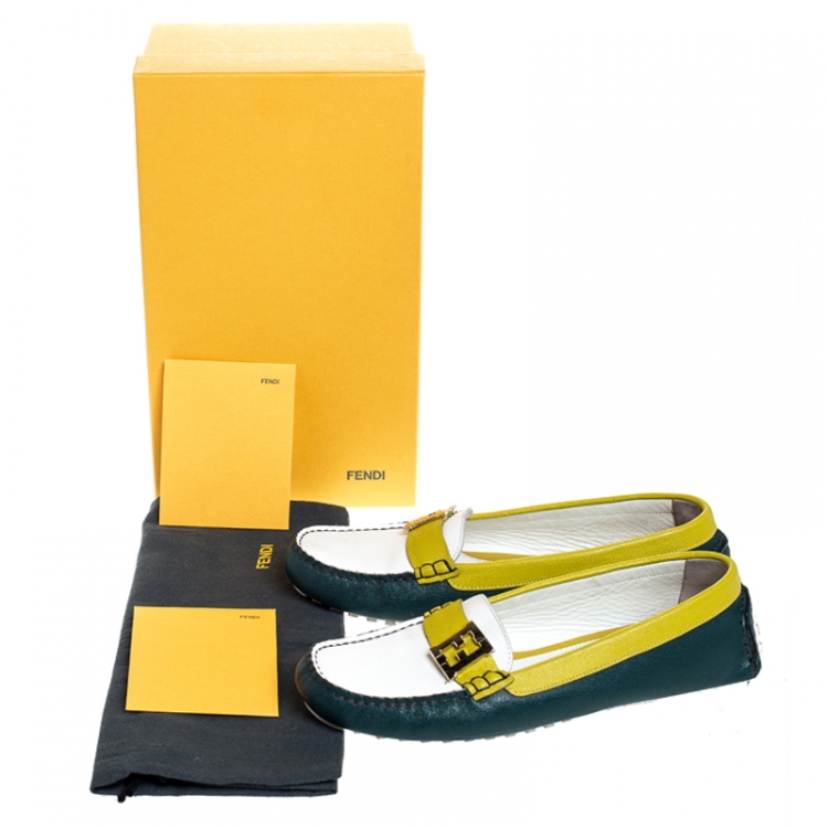 Pre Owned  Fendi Tri Color Saffiano Leather Logo Slip On Loafers Size 39.5