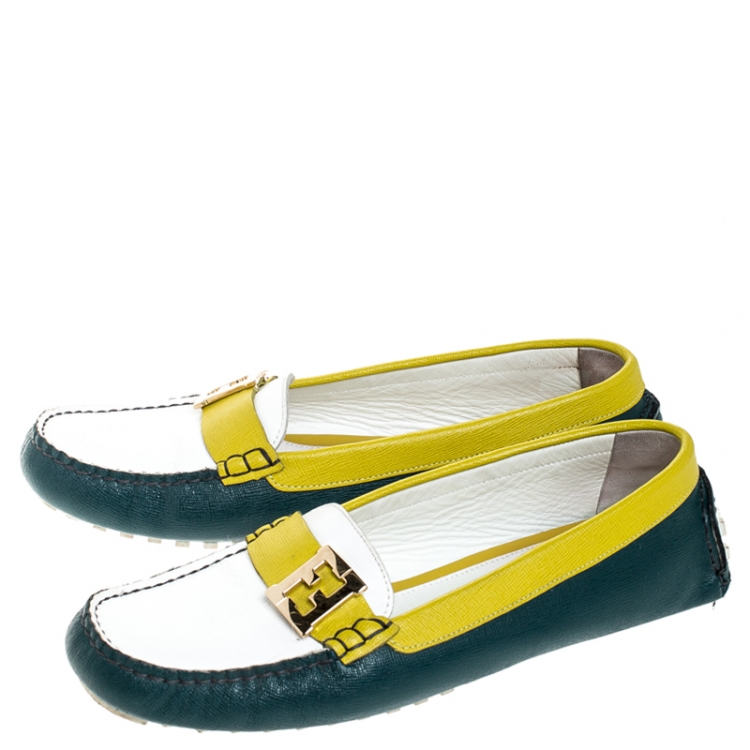 Pre Owned  Fendi Tri Color Saffiano Leather Logo Slip On Loafers Size 39.5