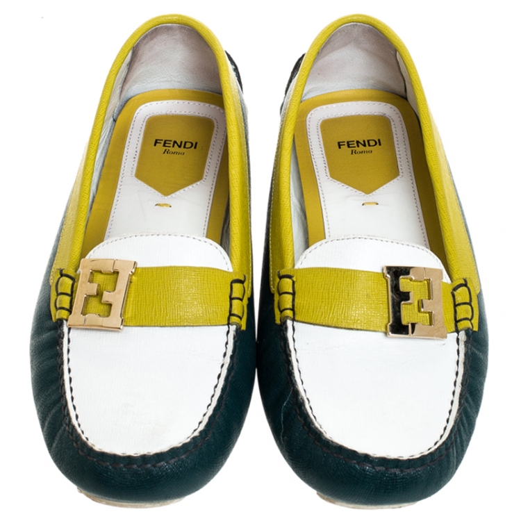 Pre Owned  Fendi Tri Color Saffiano Leather Logo Slip On Loafers Size 39.5