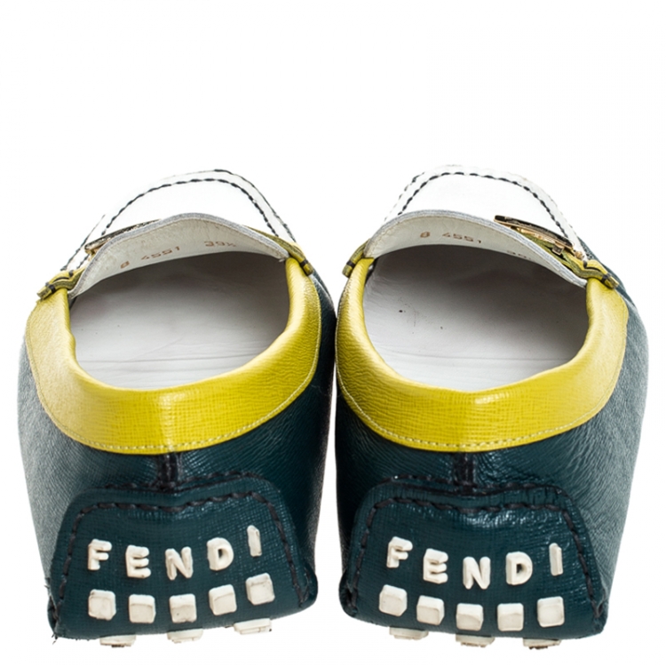 Pre Owned  Fendi Tri Color Saffiano Leather Logo Slip On Loafers Size 39.5