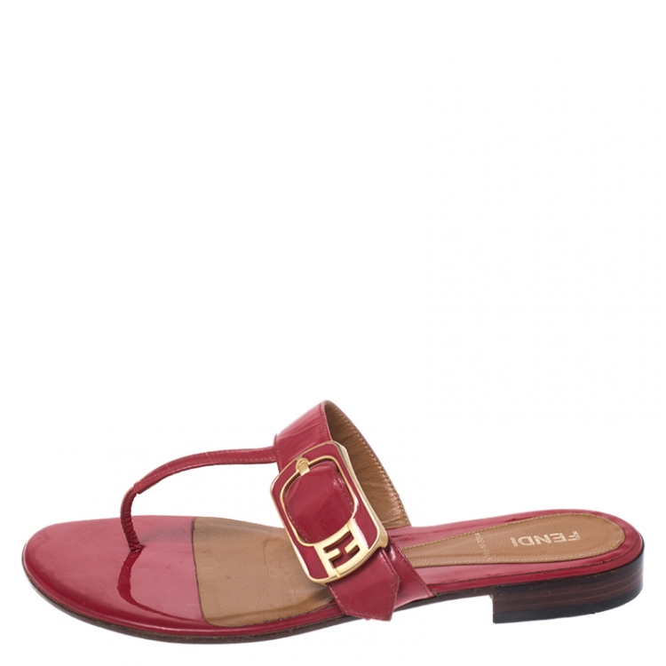 Pre Owned Fendi Red Patent Leather Buckle Thong Slide Flats Size 37.5